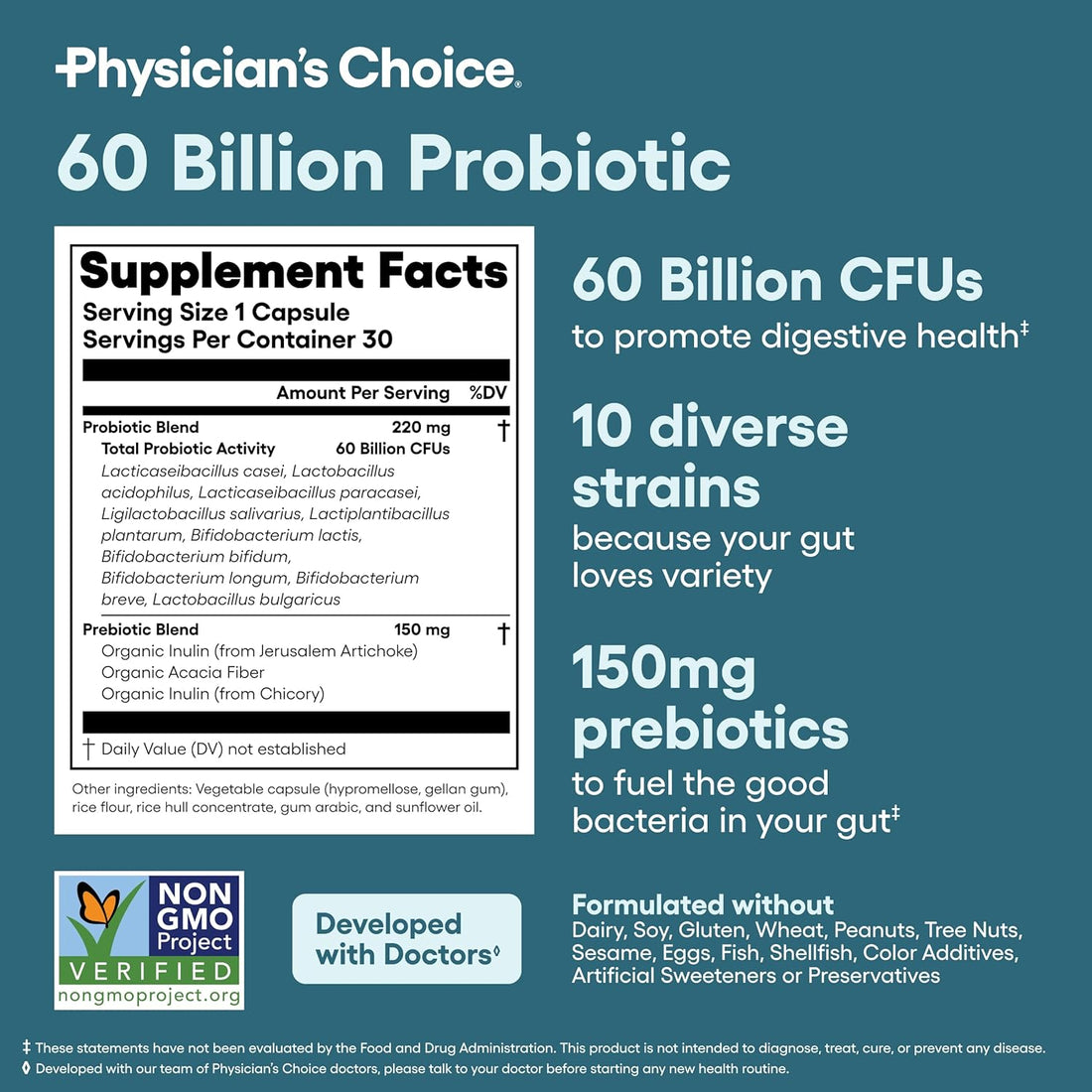 Physician's Choice Probiotics 60 Billion CFU Organic Prebiotics -30 CT
